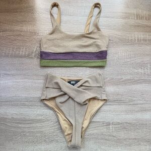 New Beach Riot Bikini Swim Set Mackenzie Top Zuri Bottoms Glitter Shimmer Gold